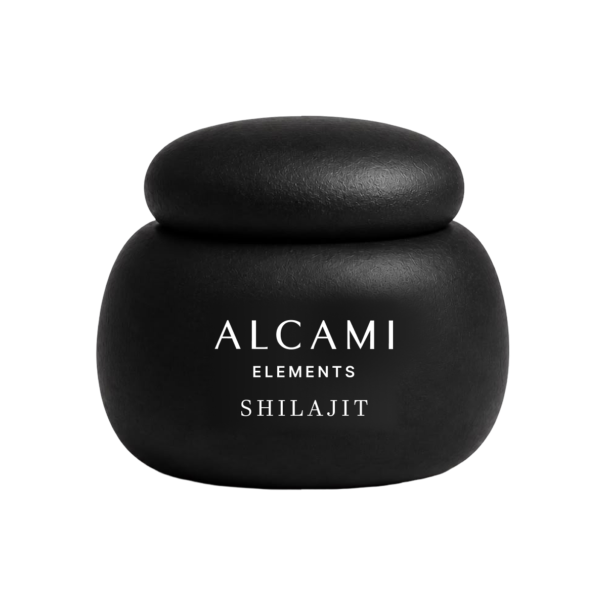 A black, rounded container labeled Himalayan Shilajit sits on a plain white background, showcasing premium Himalayan Shilajit—a potent, mineral-rich resin also known as Golden Shilajit Resin.