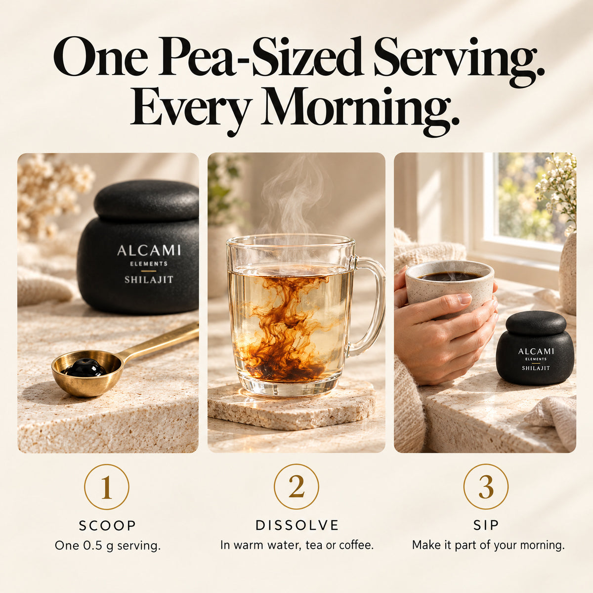 One pea-sized serving every morning: scoop it, dissolve it in warm water, tea or coffee, and sip