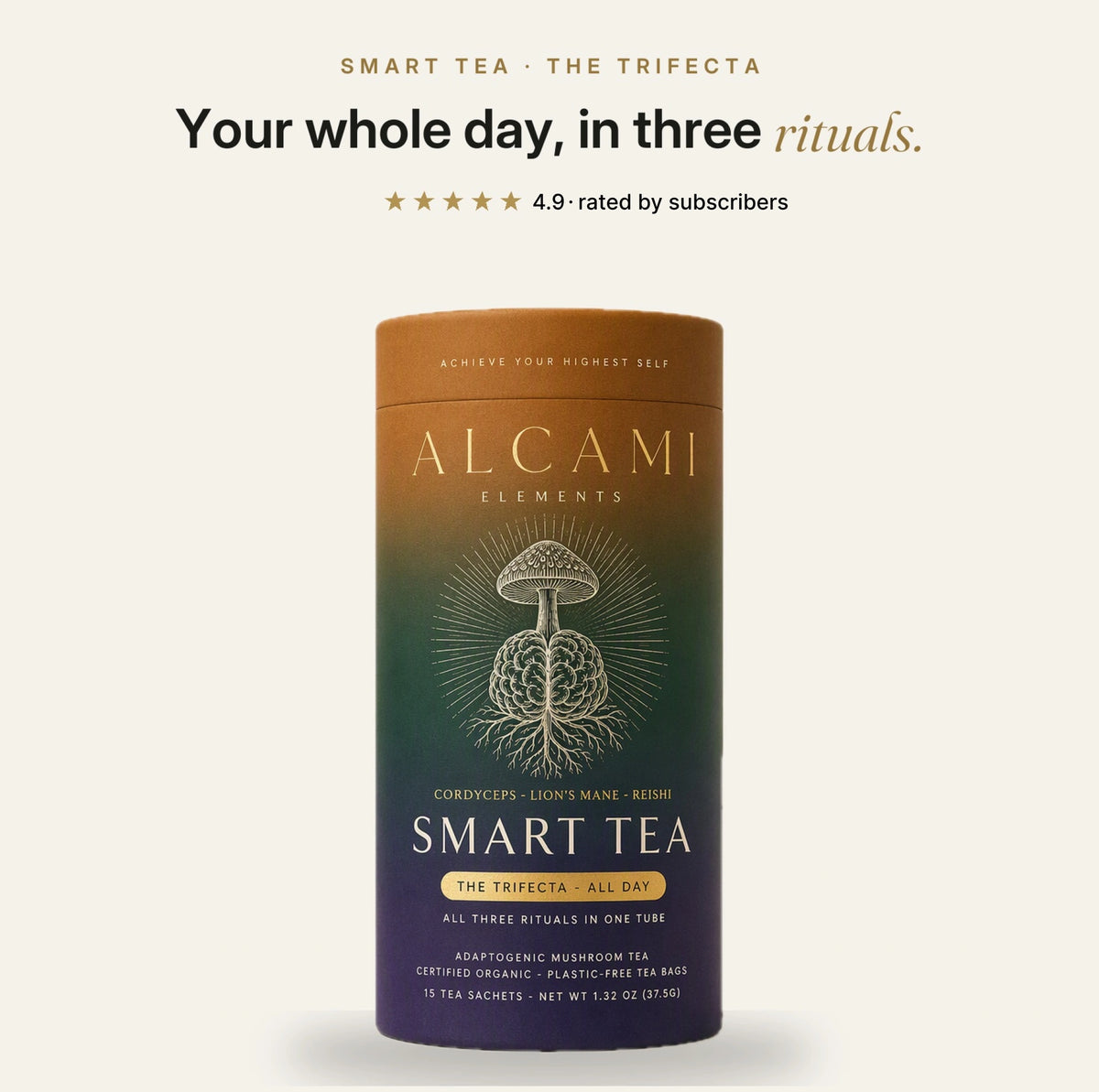 Alcami Smart Tea Trifecta canister, your whole day in three rituals