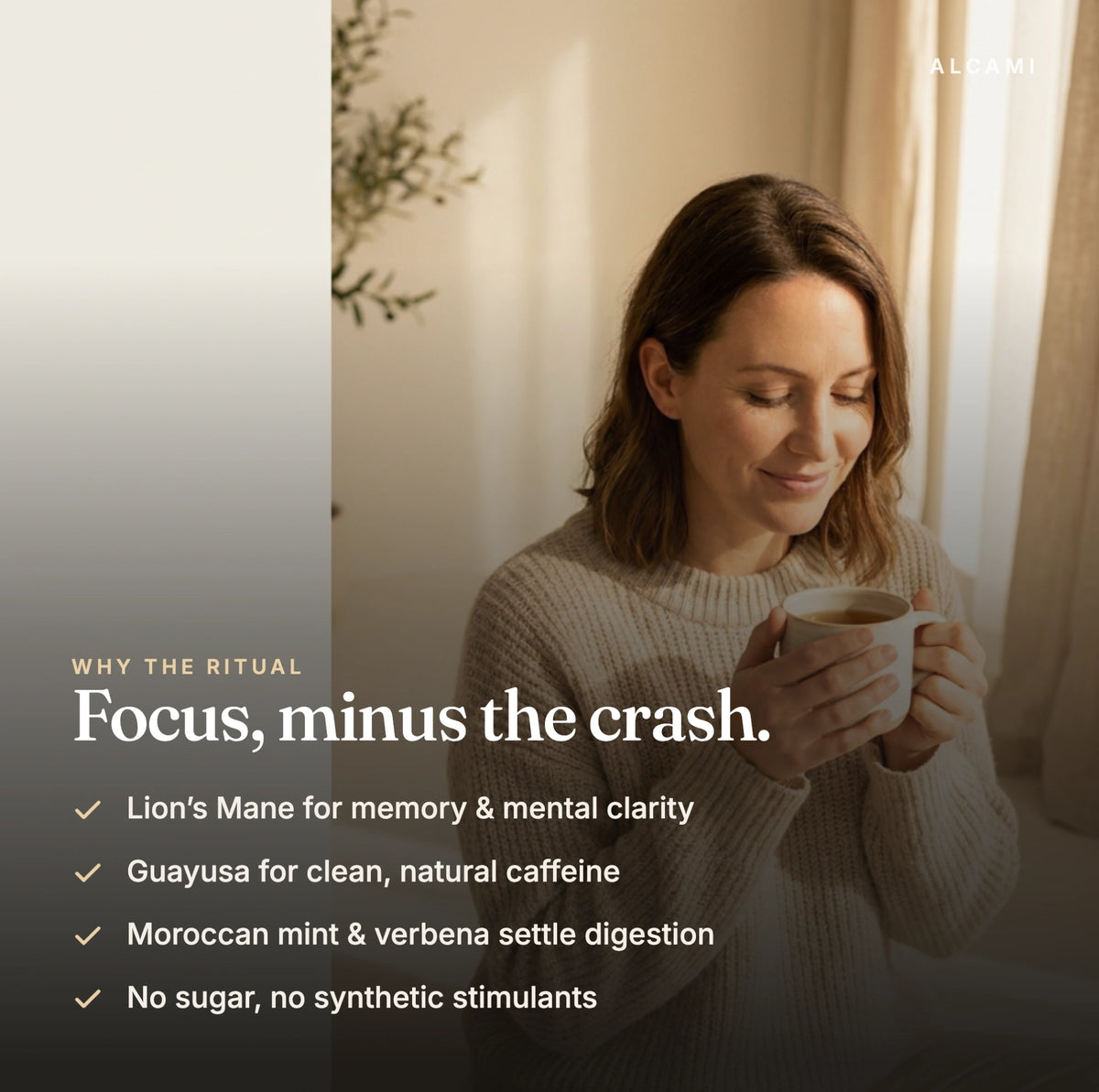 Woman holding a cup of Alcami Smart Tea Afternoon: focus minus the crash, with Lion's Mane, guayusa, Moroccan mint and verbena and no sugar