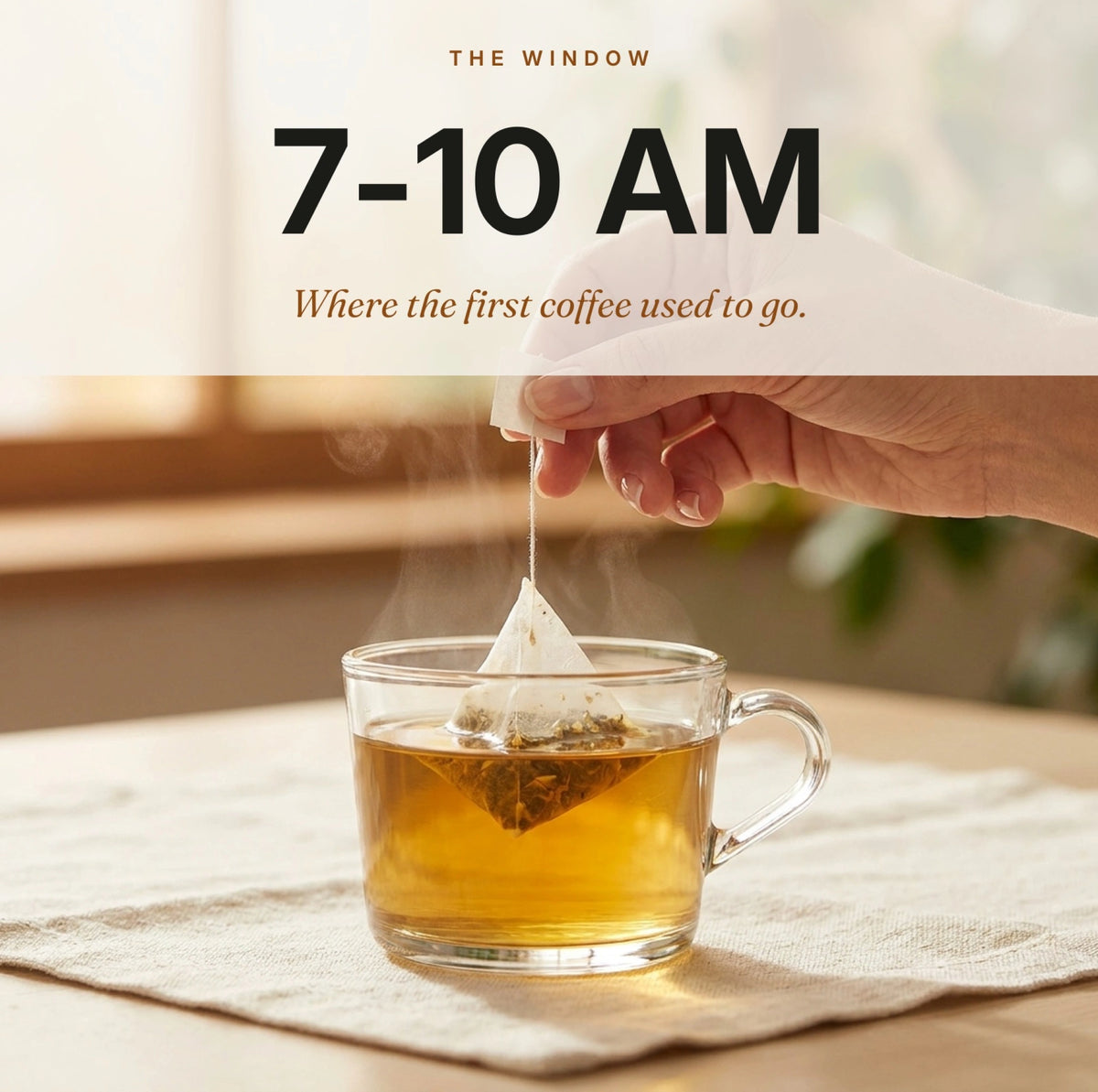 7 to 10 AM, where the first coffee used to go: a tea bag steeping in a glass of Alcami Morning tea