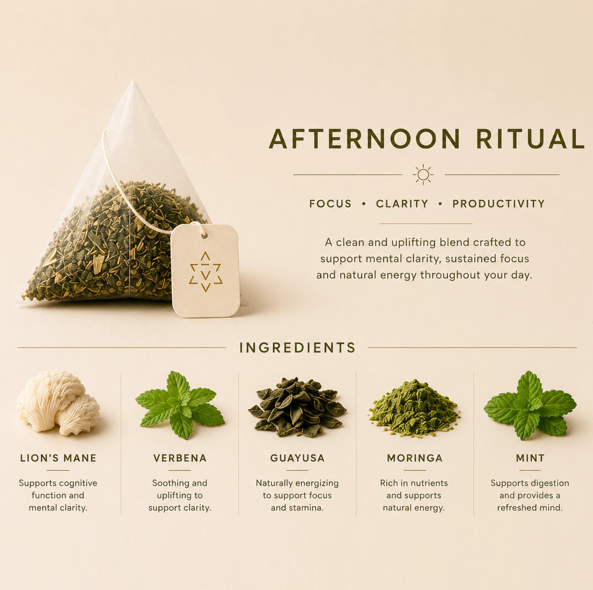 Afternoon ritual tea bag with its ingredients, including Lion's Mane, guayusa, moringa and mint