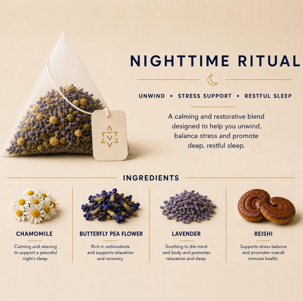 Nighttime ritual tea bag with its ingredients: chamomile, butterfly pea flower, lavender and reishi