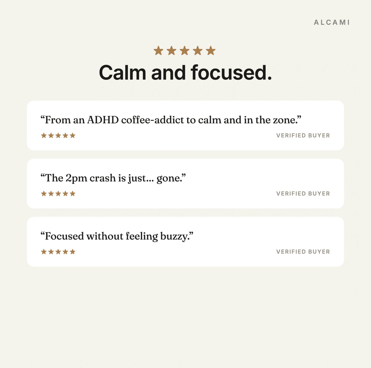 Calm and focused: three 5 star customer reviews of Alcami Smart Tea