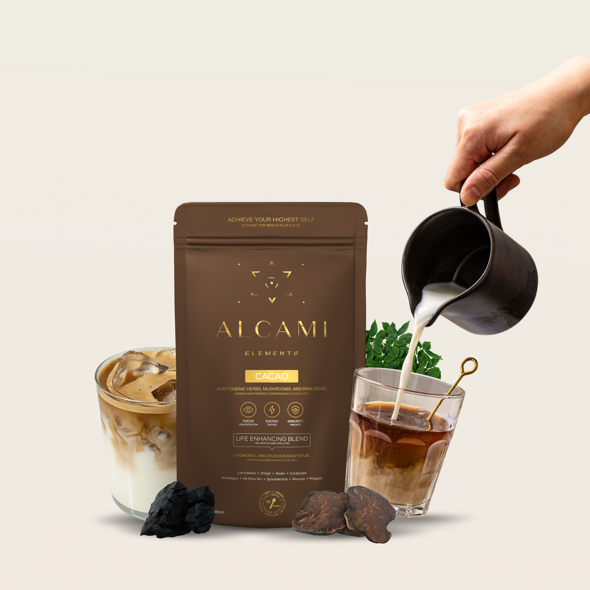 Hand pouring milk beside an Alcami pouch, iced lattes and mushrooms