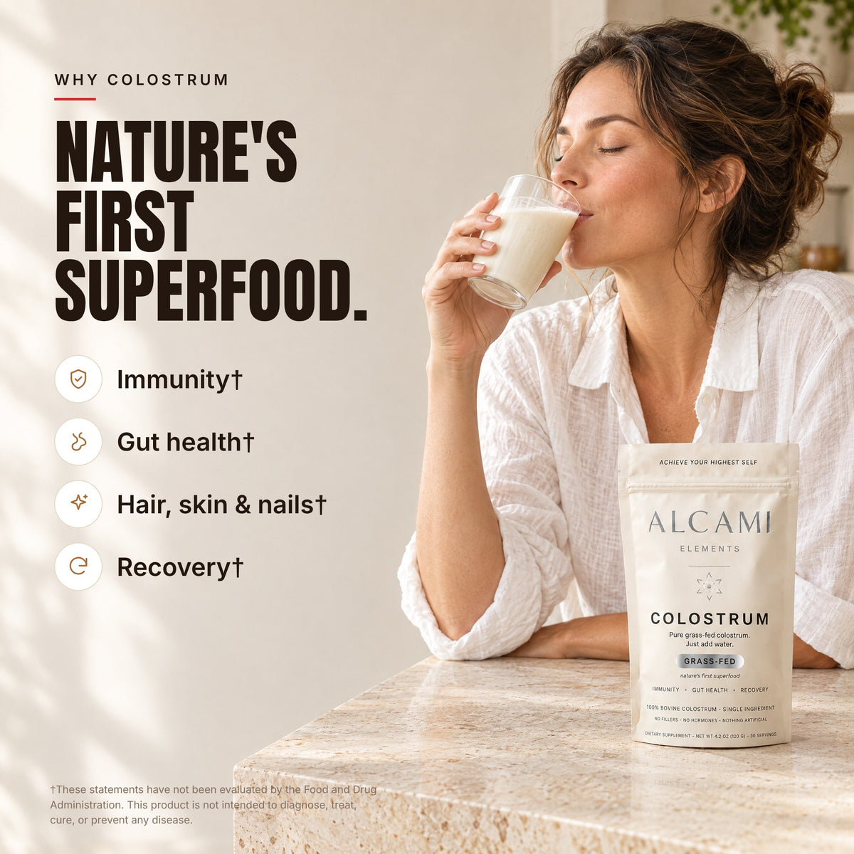 Nature's first superfood: a woman drinking Alcami Colostrum, for immunity, gut health, hair, skin and nails, and recovery