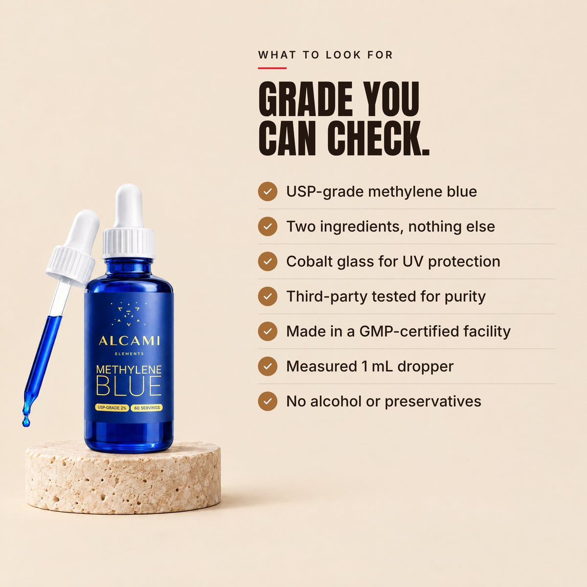 Grade you can check: USP-grade methylene blue, two ingredients, cobalt glass for UV protection, third-party tested, made in a GMP-certified facility, no alcohol or preservatives