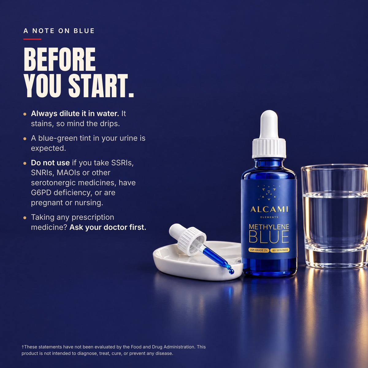 Before you start: safety notes for Alcami Methylene Blue, including diluting it in water and checking with your doctor if you take serotonergic medication