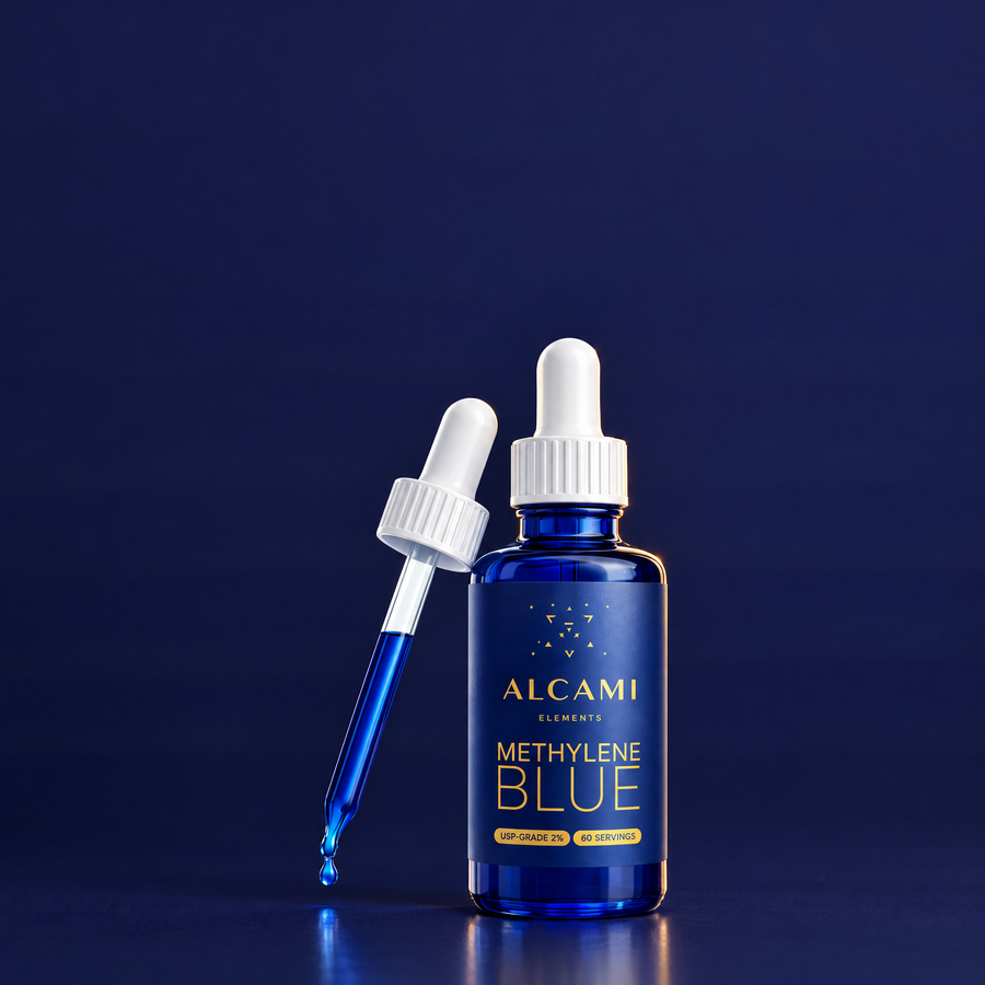Alcami Methylene Blue bottle with its glass dropper on a navy background