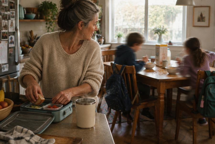 A mum packing lunchboxes at 7:40, tumbler steaming, kids at the breakfast table
