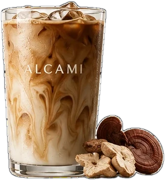 An iced Alcami latte with reishi and dried mushrooms at its base