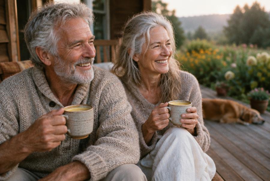 A silver-haired couple laughing over morning lattes on their porch